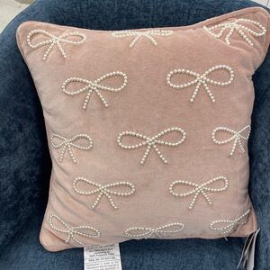 Pink Faux Velvet Pearl Bow Decorative Pillow Coquette NWT